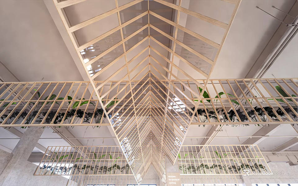 Modern Interior Wooden Ceiling Design With Geometric Structure And Plants 3d model