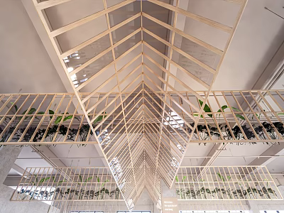 Modern Interior Wooden Ceiling Design With Geometric Structure And Plants 3d model