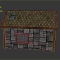 Cartoon Style Small House with Stone Walls Wooden Tile Roof and Small Window