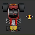 Red Cartoon Car Featuring Mickey Mouse Ears Number 28 And Toy Figure
