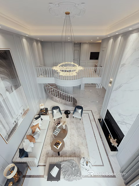 Elegant Duplex Living Room Interior With Spiral Staircase Grand Chandelier And Marble Flooring 3d model 