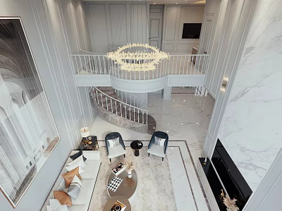 Elegant Duplex Living Room Interior With Spiral Staircase Grand Chandelier And Marble Flooring 3d model