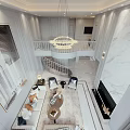 Elegant Duplex Living Room Interior With Spiral Staircase Grand Chandelier And Marble Flooring