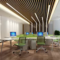 Modern Public Office Space With Green Chairs Multiple Computers And Wooden Ceiling 3d model