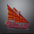 Traditional Sailing Water Vessel With Red Sails And Ornate Hull Design
