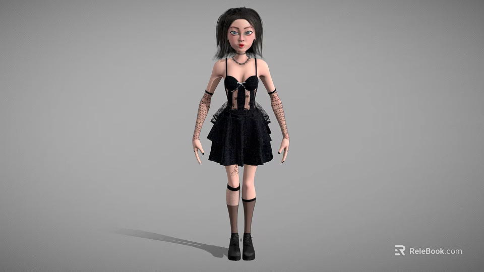 Game Movie Character In Black Dress With Black Hair Arm Straps And Stockings 3d model 