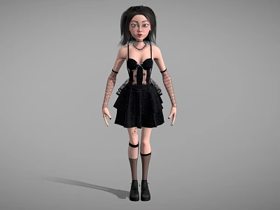 Game Movie Character In Black Dress With Black Hair Arm Straps And Stockings 3d model