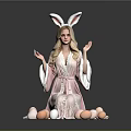Easter Themed Scene With Woman In Pink Robe And Rabbit Ears Surrounded By Decorated Eggs