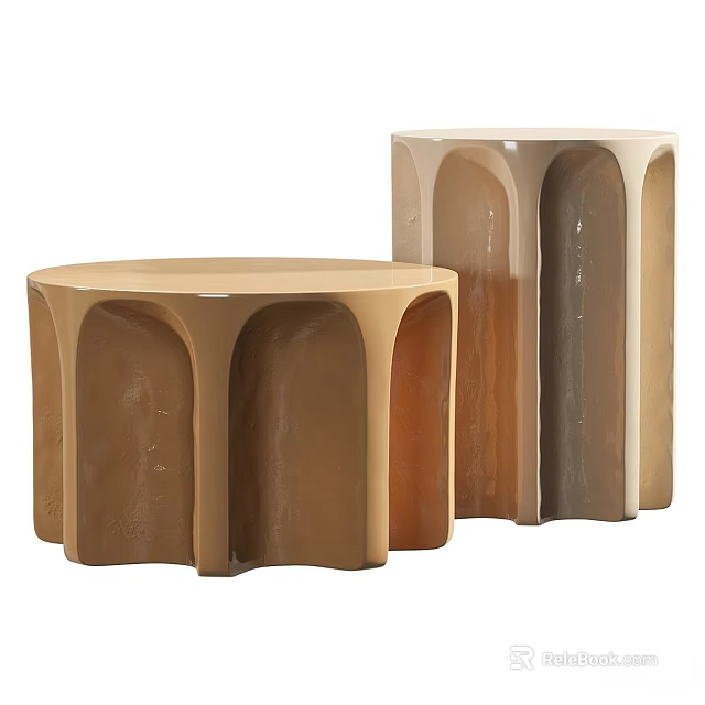 Two Modern Side Tables with Round Top and Curved Beige Brown Base 3d model