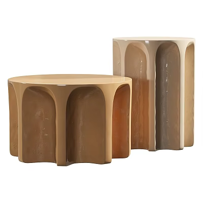 Two Modern Side Tables with Round Top and Curved Beige Brown Base 3d model