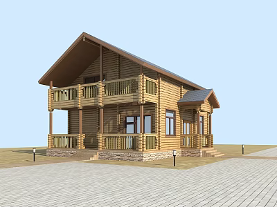 Detached Villa Wooden Two Story Exterior Design With Balcony Sloped Roof And Paved Ground 3d model