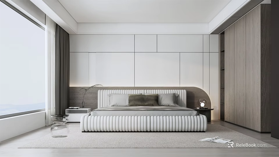 Modern Minimalist Bedroom Interior With White Panel Walls Wooden Wardrobe And Bedhead Light Strip 3d model 