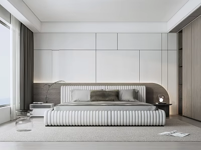 Modern Minimalist Bedroom Interior With White Panel Walls Wooden Wardrobe And Bedhead Light Strip 3d model