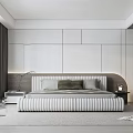 Modern Minimalist Bedroom Interior With White Panel Walls Wooden Wardrobe And Bedhead Light Strip