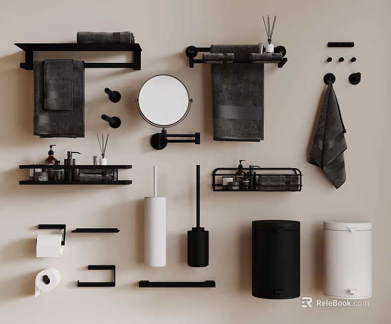 Modern Bathroom Accessories With Towel Racks Mirror Soap Dispensers Toilet Paper Holders And Trash Cans 3d model 