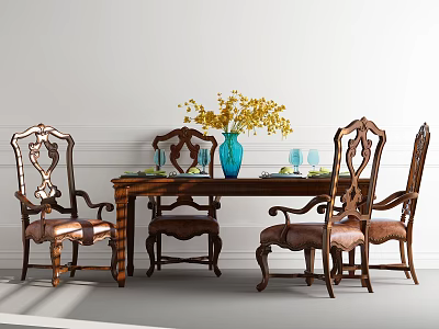 Classic Wooden Dining Table Set with Carved Chairs Blue Vase Yellow Flowers Glassware and Plates 3d model