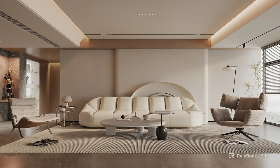 Modern Living Room Interior With Beige Sofa Circular Design Coffee Table And Floor Lamp 3d model 
