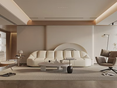 Modern Living Room Interior With Beige Sofa Circular Design Coffee Table And Floor Lamp 3d model