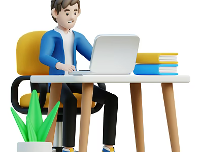 Man sitting at desk using laptop with books stacked and green plant nearby 3d model