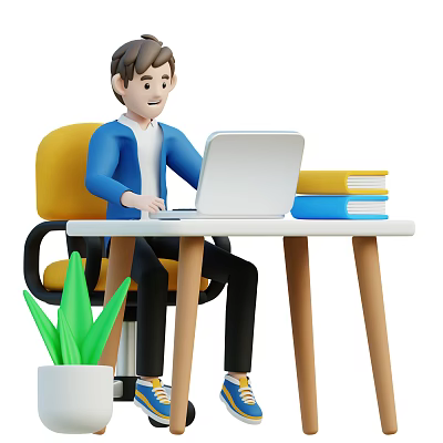 Man sitting at desk using laptop with books stacked and green plant nearby 3d model