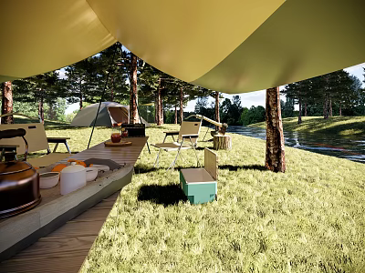 Serene Garden Landscape With Tent Tables Chairs Green Grass And Trees 3d model
