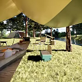 Serene Garden Landscape With Tent Tables Chairs Green Grass And Trees