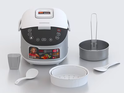 Kitchen Appliance Rice Cooker With Steamer Tray Inner Pot Measuring Cup And Spoon 3d model