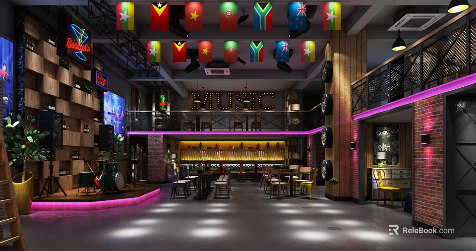 Stylish Bar Interior With National Flags Neon Sign Wooden Structure Tyre Decor And Purple Lighting 3d model 