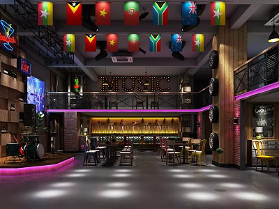 Stylish Bar Interior With National Flags Neon Sign Wooden Structure Tyre Decor And Purple Lighting 3d model