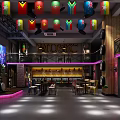 Stylish Bar Interior With National Flags Neon Sign Wooden Structure Tyre Decor And Purple Lighting