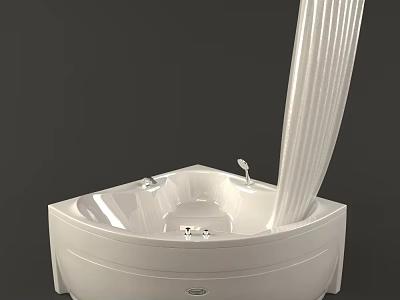 Modern White Acrylic Corner Bathtub With Curved Design And Chrome Faucet Fixtures 3d model