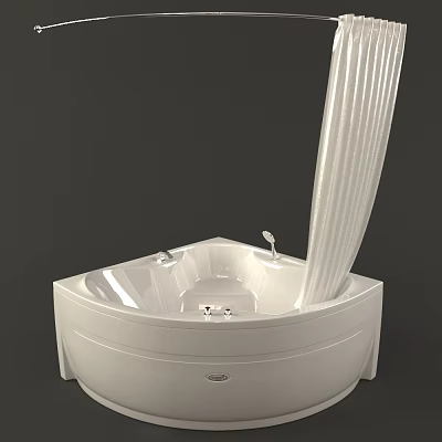 Modern White Acrylic Corner Bathtub With Curved Design And Chrome Faucet Fixtures 3d model