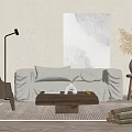 White Sofa and Wooden Coffee Table Set with Pillows Floor Lamp and Dried Grass Decor