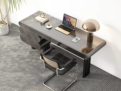 Stylish Home Office Desk With Laptop Table Lamp Clock Cup Chair Plant And Rug 3d model