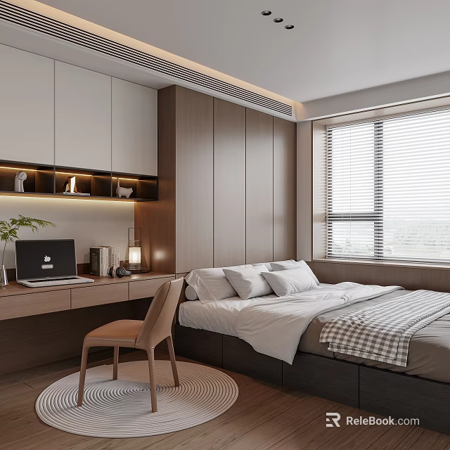 Modern Tatami Bedroom Interior With Wooden Desk Laptop Table Lamp Plant Chair Near Window Blinds 3d model 