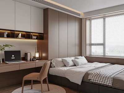 Modern Tatami Bedroom Interior With Wooden Desk Laptop Table Lamp Plant Chair Near Window Blinds 3d model