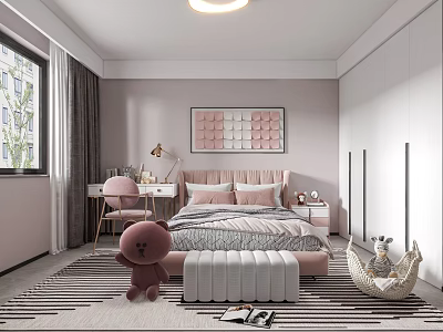 Modern Kids Bedroom With Pink Bed And Plush Toys 3d model