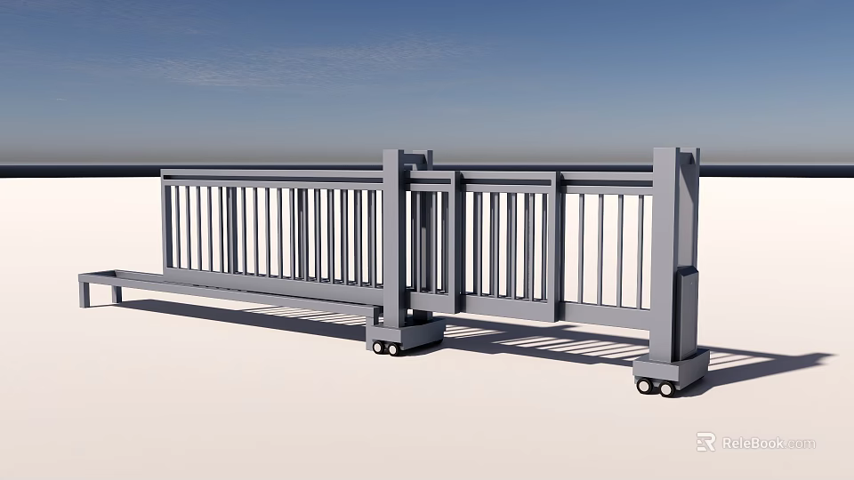 Gray Metal Railing Gate With Movable Structure And Wheels For Outdoor Use 3d model 