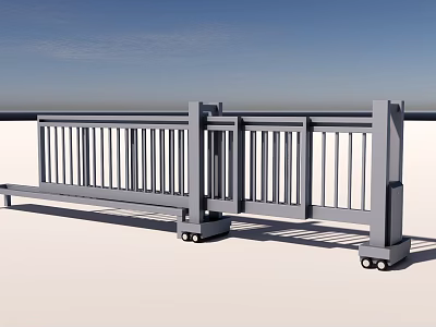 Gray Metal Railing Gate With Movable Structure And Wheels For Outdoor Use 3d model