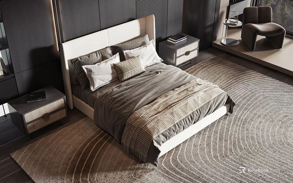 Modern Double Bed With Grey Bedding Nightstand And Circular Textured Rug In Bedroom 3d model 