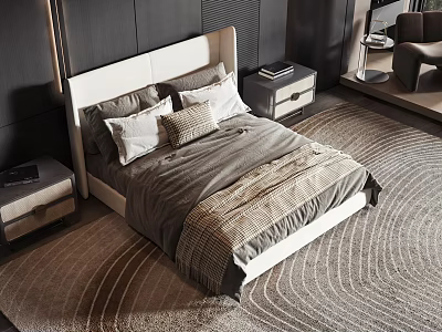 Modern Double Bed With Grey Bedding Nightstand And Circular Textured Rug In Bedroom 3d model