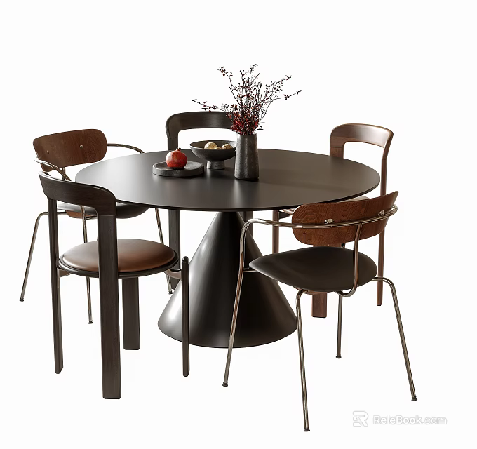 Round Black Dining Table Set With Four Wooden Leather Chairs And Flower Vase Fruit Bowl 3d model 