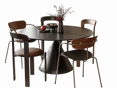 Round Black Dining Table Set With Four Wooden Leather Chairs And Flower Vase Fruit Bowl 3d model