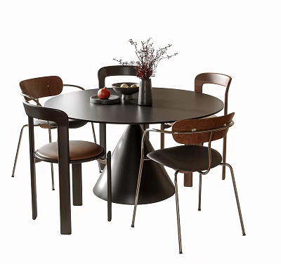 Round Black Dining Table Set With Four Wooden Leather Chairs And Flower Vase Fruit Bowl 3d model