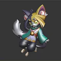 Gray Fur Animal Character Wearing Yellow Crown Green Kimono Red Decor Fluffy Tail Playful Pose