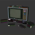 Vintage Electronic TV Set With Classic VHS Tapes And Retro Video Accessories