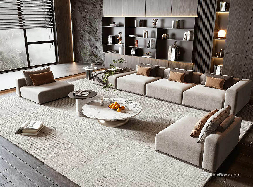 Modern Beige Fabric Sofa And Marble Coffee Table Set With Brown Pillows On Light Rug 3d model 