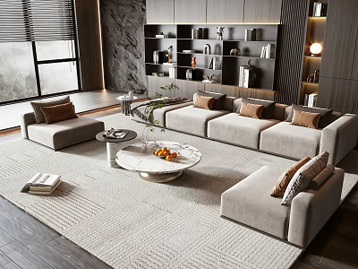 Modern Beige Fabric Sofa And Marble Coffee Table Set With Brown Pillows On Light Rug 3d model