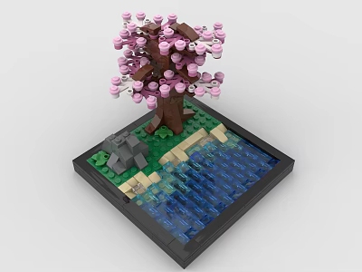 Building Blocks Crafted Cherry Blossom Tree with Water Pool and Stone Platform 3d model