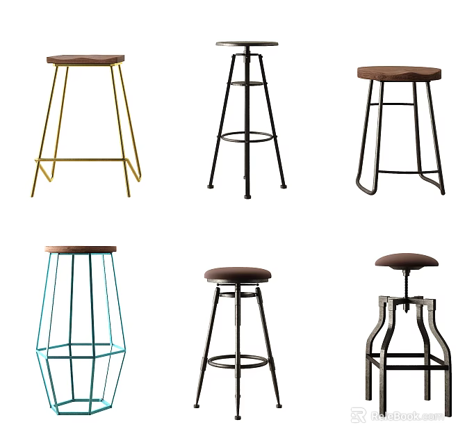 Stylish Bar Stools With Various Metal Frame Designs And Brown Seats 3d model 